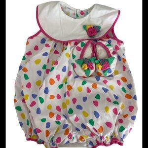 Vintage 90s Colorful Polka Dot Baby Romper with Shoes 6-9 months